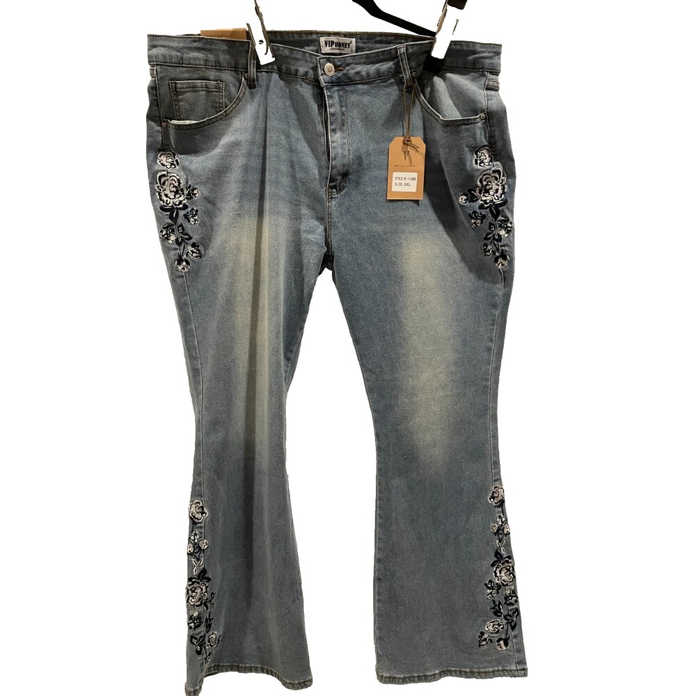 NWT VIP Honey Jeans with Blue Embroidered Flowers Flare Boho Hippie Women’s 5XL